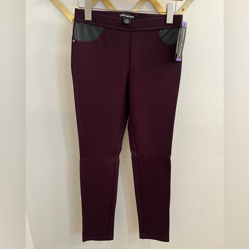 NWT DKNY Stretch Jegging Maroon Faux Leather Pocket XS